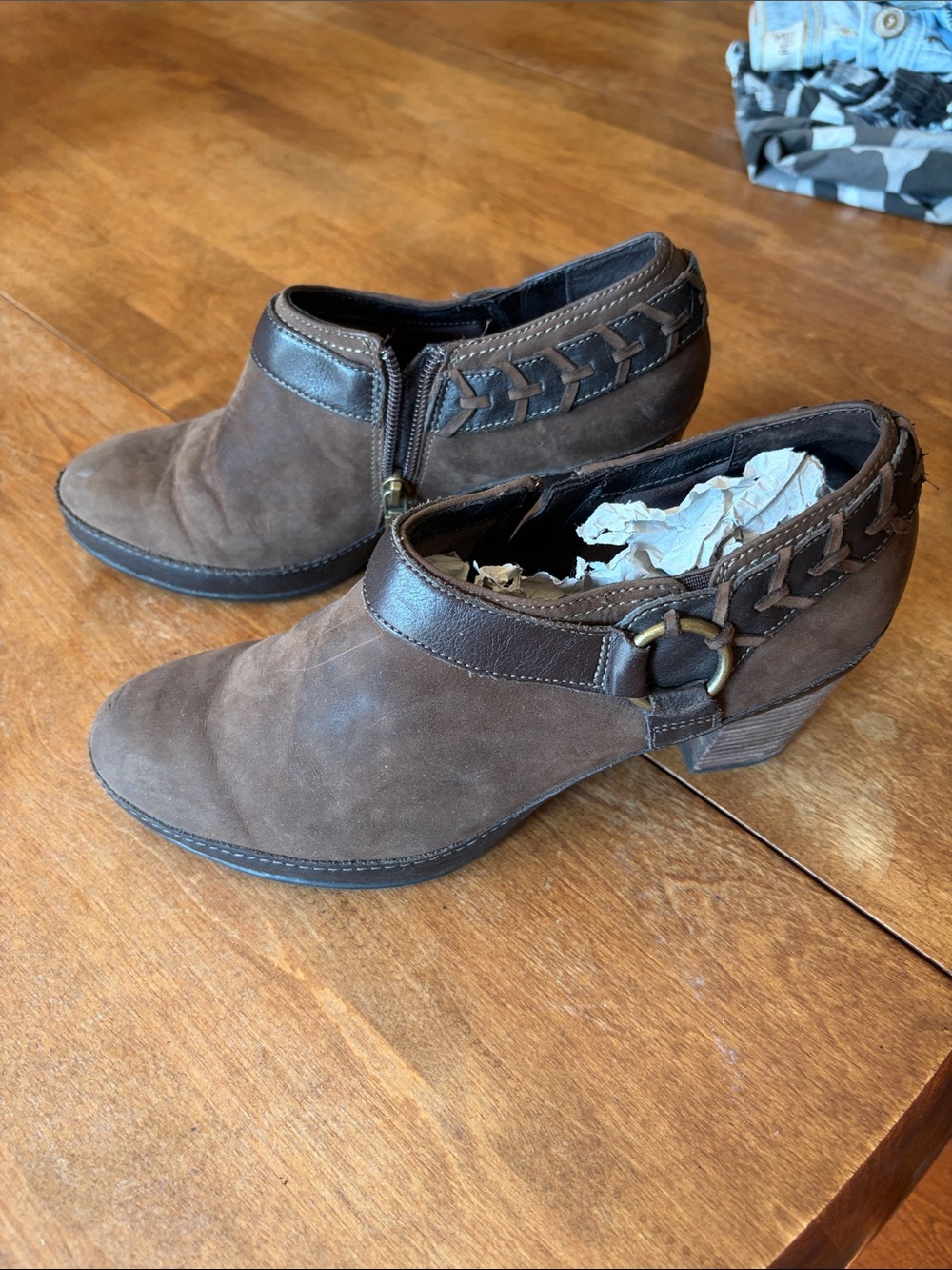 Clarks Brown Suede Ankle Booties with Braided Strap Detail